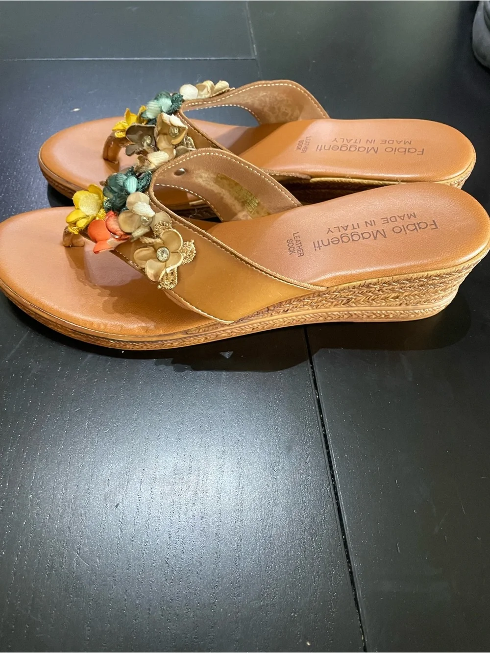 Fabio Maggenti Sandal ladies 9Tan Multi Floral Leather stone Italy shoes wedge
